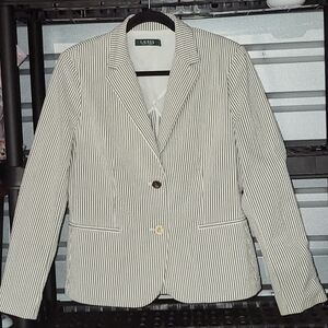Lauren Ralph Lauren Jacket Womens Gray White Seersucker Blazer Size 12